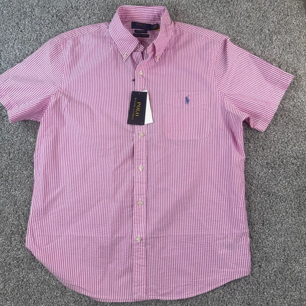 Polo Ralph Lauren Shirt Men Medium Pink Seersucker Stripe Untuck Fit Wrinkle NEW